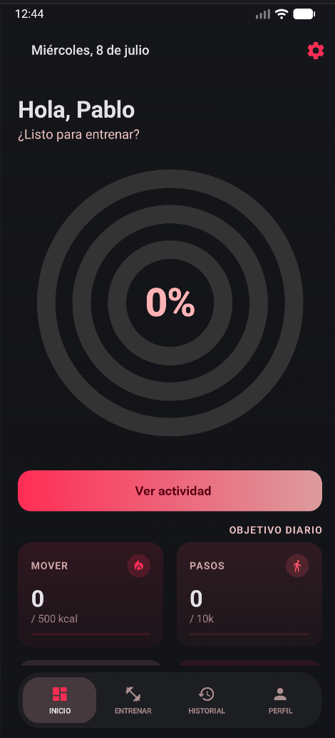 Vigorly — inicio con anillos de actividad y navegación inferior