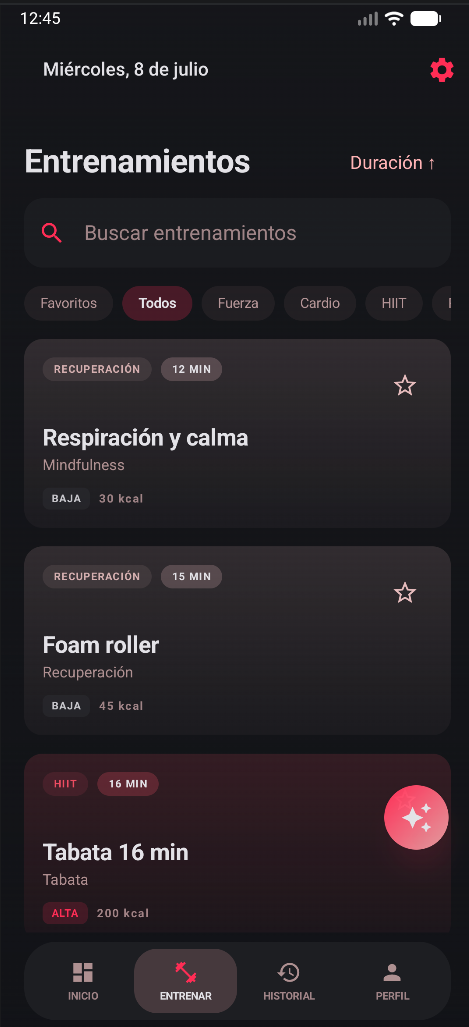 Vigorly — catálogo de entrenamientos con filtros y búsqueda