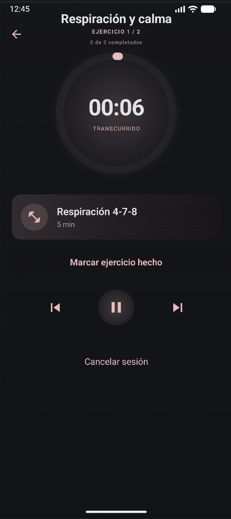 Vigorly — sesión activa con reproducción y métricas